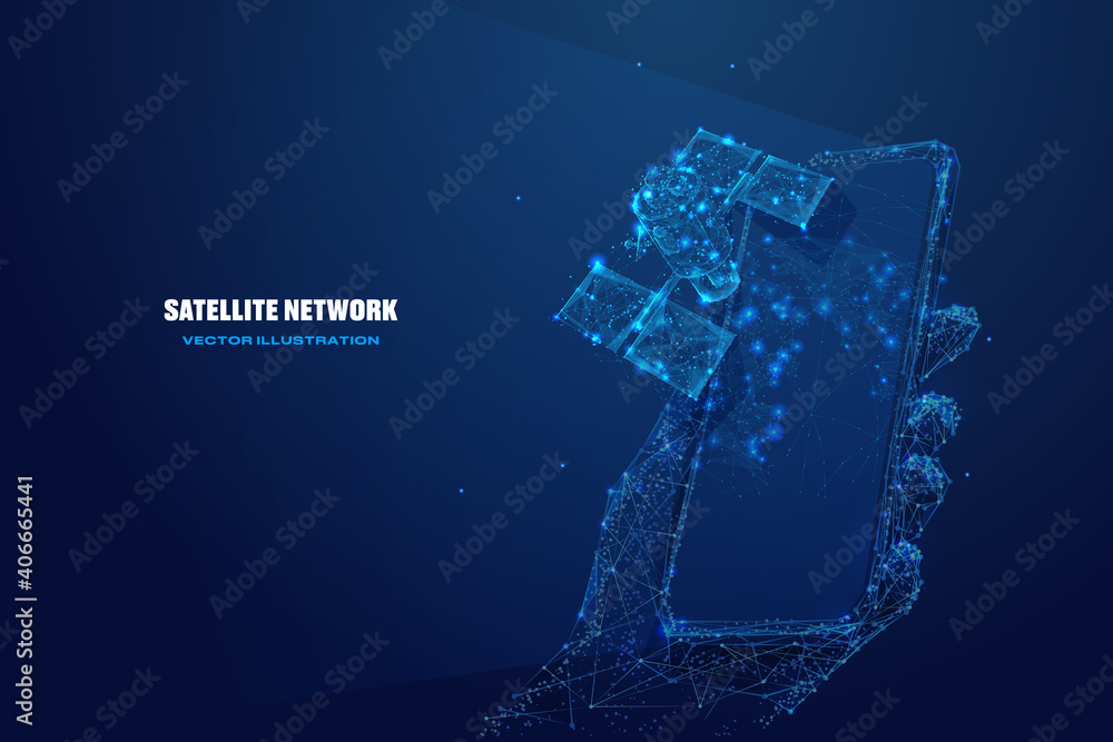 Leinwandbilder 3d satellite and hand holding phone. Satellite network technology, mobile global internet communications concept. Digital polygonal wireframe in dark blue. Abstract vector mesh looks like starry sky