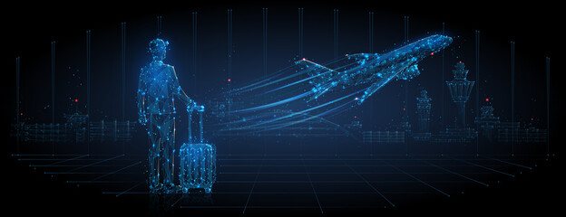 Digital 3d man with luggage looking at airplane taking off. Abstract airport departure illustration. Air travel, tourism, air transportation concept. Low poly dark blue mesh with lines, dots and stars
