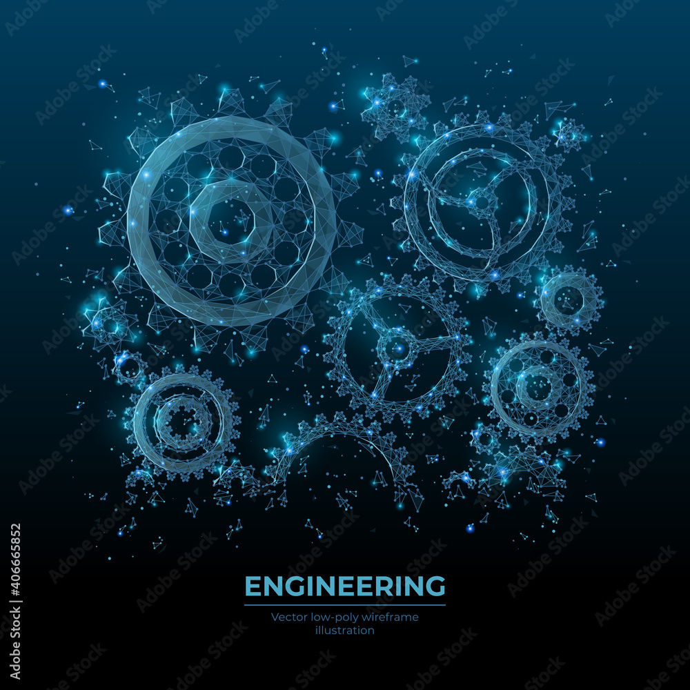 Aufkleber abstract vector 3d gear wheels in dark blue. cogs and gear wheel mechanisms wireframe. engineering o