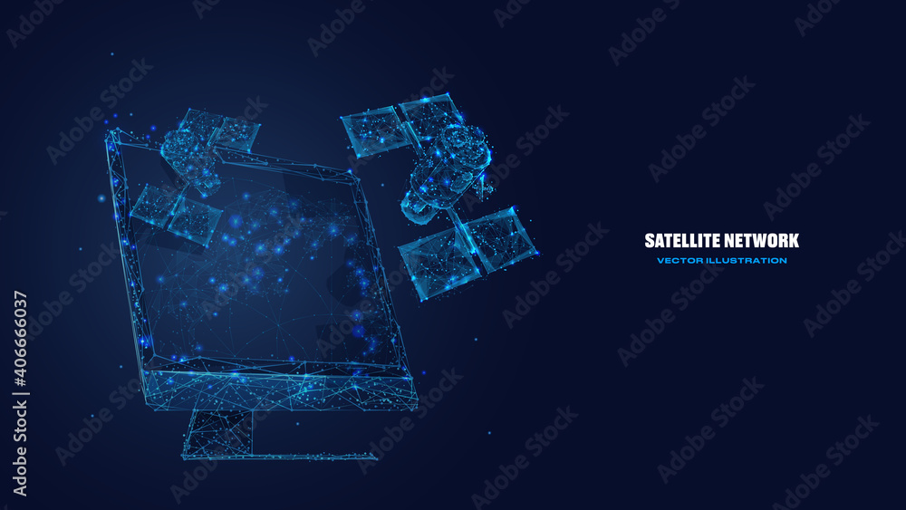 Poster Digital low poly 3d satellites and computer screen in dark blue. Satellite network technology, global internet communications concept. Abstract vector wireframe with lines, dots, stars and particles