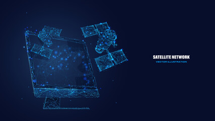 Digital low poly 3d satellites and computer screen in dark blue. Satellite network technology, global internet communications concept. Abstract vector wireframe with lines, dots, stars and particles