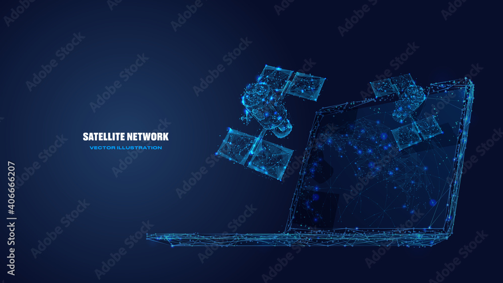 Fototapete 3d satellites and laptop digital low poly wireframe. satellite network technology, global internet c