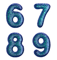 Number set 6, 7, 8, 9 made of blue plastic 3d rendering