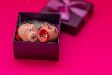 Two pigs in a purple gift box with a ribbon on a pink background. Composition for Valentine's Day....