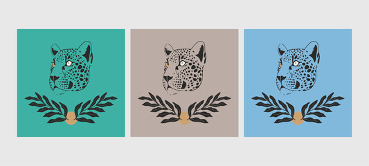 A set of three hand drawn of leopards on a various background. Trendy vector illustration.