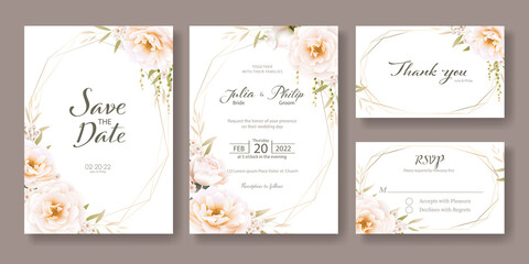 Set of floral wedding Invitation card, save the date, thank you, rsvp template. Vector. Romantic rose with greenery.