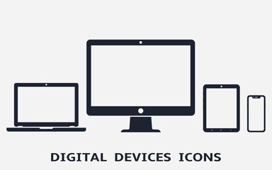 Device icons: smart phone, tablet, laptop and desktop computer. Template for infographics or presentation.