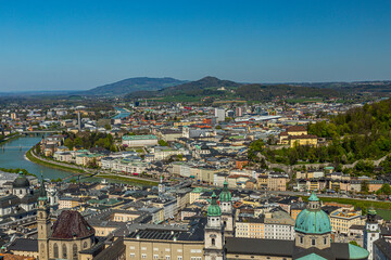  view to the old city of Salzburg from the castle Hohensalzburg hill