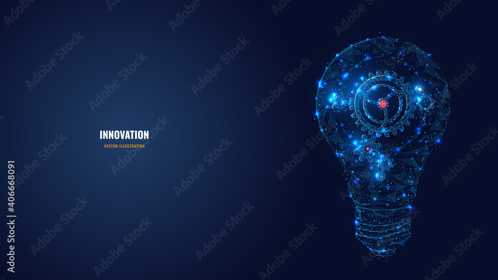 Poster Abstract light bulb with gears inside. Innovation, creativity, business technology idea concept in dark blue. Digital vector wireframe looks like starry sky. Low poly glowing mesh with connected dots