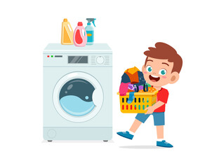 happy cute kid do laundry with washing machine