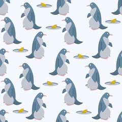 Pattern of penguins and gold fish from hole. vector illustration.