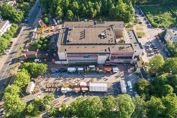 Food truck rally, fast food party in silesia dabrowa gornicza poland aerial drone photo