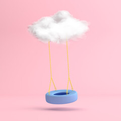 Minimal scene of floating blue swing tire with the white cloud. 3D rendering - obrazy, fototapety, plakaty