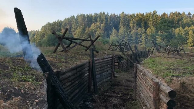 Old trenches and barriers, battlefield of great patriotic war, world war two. Eastern front, Soviet Union, Belarus. Partisan guerilla fight, battle for freedom concept

