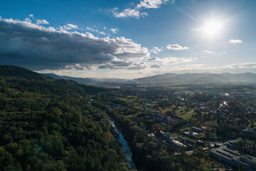 Food truck rally, fast food party in zywiec poland aerial drone photo
