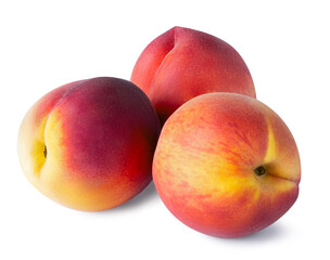 Three whole peach fruits isolated on white background. Clipping path.