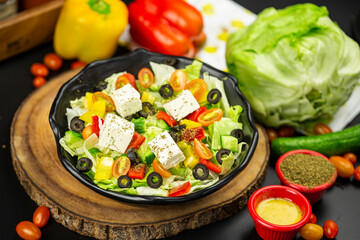 Greek salad top view dark theme