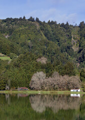 Hot springs in Furnas, Sao Miguel, Azores, reflection in water, crater lake.