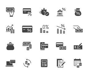 Money loan flat icon set. Credit score, low interest, discount card, mortgage percent, tax black minimal silhouette vector illustration. Simple glyph signs for bank application
