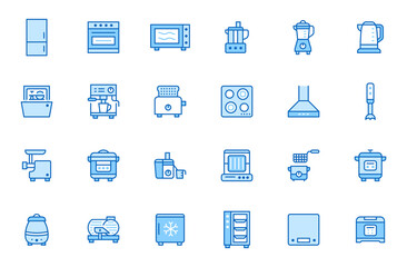 Kitchen appliance line icon set. Oven, mixer, dishwasher, food processor, combi steamer minimal vector illustrations. Simple outline signs of cooking equipment. Blue color, Editable Stroke