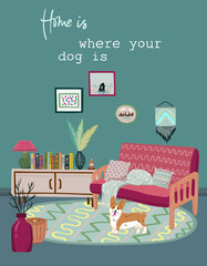 Stay at home. Set of stylish scandinavian apartment design elements for self-isolation during quarantine and other use. Cozy furnished living room, Flat vector cartoon illustration