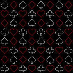Seamless pattern with Playing card suits. Hearts, Spades, Diamonds, Clubs. Endless background. Vector outline illustration.