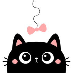 Cat kitten face head looking at bow. Cute cartoon funny character. Kawaii pet animal. Black silhouette sticker print.Greeting card. Notebook cover template. Flat design. White background.