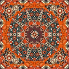 Bright ornament in ethnic style with mandala, flowers, paisley, stylized peacock feathers. Cheerful print for square rug, scarf, napkin.