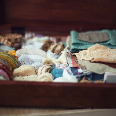 Laces in the wooden box. Vintage laces