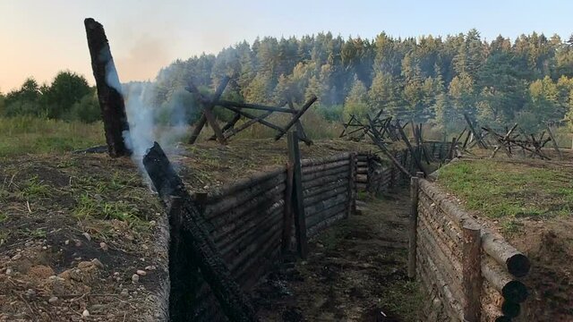 Old trenches and barriers, battlefield of great patriotic war, world war two. Eastern front, Soviet Union, Belarus. Partisan guerilla fight, battle for freedom concept

