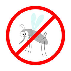 Prohibition prohibit Red stop sign icon. Cross line. Mosquito. Cute cartoon funny character. Insect collection. White background. Isolated. Flat design.