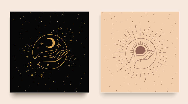 The hands are folded in a simple flat esoteric boho style. Women collection of logos hands with different symbols, such as the moon and the sun. Vector illustration.