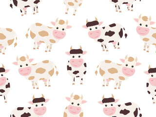 Cute cow seamless pattern. Vector farm animal background. 