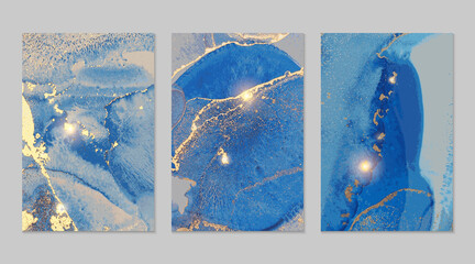 Sparkling blue and gold stone marble texture. Alcohol ink technique abstract vector background. Modern paint with glitter. Set of templates for banner, poster design. Fluid art painting