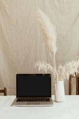 Front view blank screen laptop computer and fluffy pampas grass against pastel beige linen wall. Copy space mockup template. Parisian vibes.