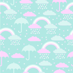 flat vector pattern with rainbow and umbrellas. cute clouds with rain. textiles for the child. multicolored rainbow with clouds.