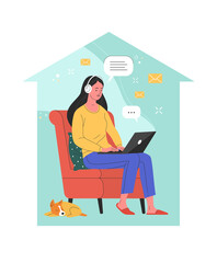 Work from home concept. Vector illustration of a young pretty woman sitting in a red armchair and working on a laptop inside the house silhouette. Isolated on background