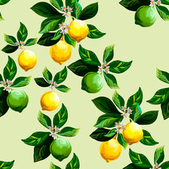 Lemon  seamless vector pattern. Tropical fruit background. Summer exotic print. Hand drawn illustration. Botanical realistic eco pattern.