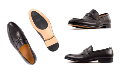 Men's classic black moccasins, loafers isolated white background. Side view, top view and sole.