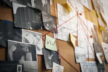 Detective board with sticker, crime scene photos and red threads, closeup