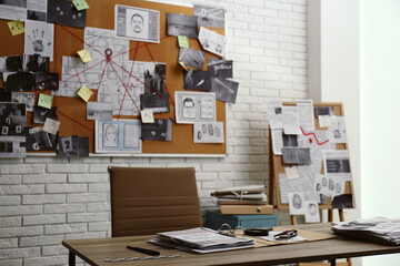 Modern detective office with workplace and board