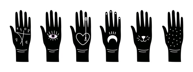 Fototapeta premium Black magic hands. Magical occult symbols on arm, hand silhouettes vector set