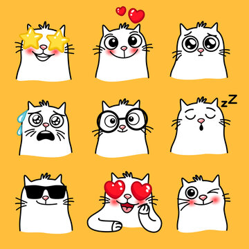Cats mood. Cartoon emoji of pets in different situations, creative cute emoticons of home animals, vector illustration set of funny cat with big eyes isolated on yellow background