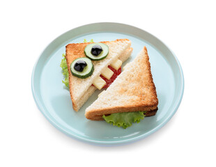 Cute monster sandwich on white background. Halloween party food