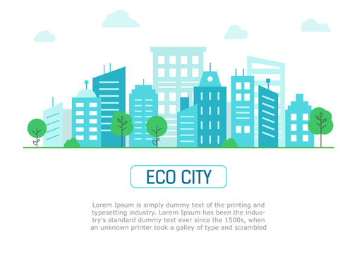 Banner with an ecological green city. Panorama green city in flat style. Urban landscape. Vector illustration.