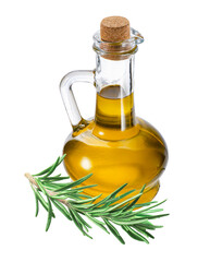Bottle of olive oil and rosemary isolated on white background