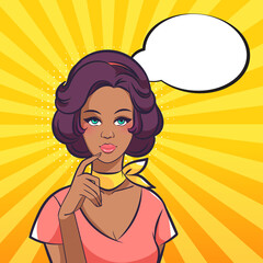 Dark-skinned pensive woman in pop art style.