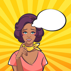Pop art poster. Black woman ironic smile.