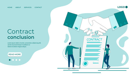 Contract conclusion.Handshake on the background of a signed contract.The concept of a contract, transaction, and business negotiations.Flat vector illustration.The template of the landing page.