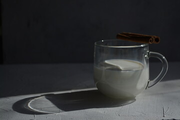 Milk in a glass with cinnamon sticks on a glass on a gray background with a hard light. horizontal image. High quality photo